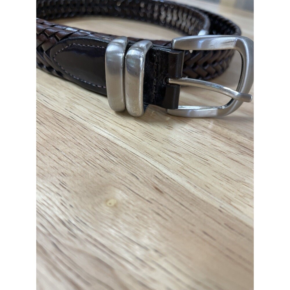 Mens 100% Leather Woven Belt. Heavy Silver Buckle Sz 42 Some wear on‎ inside